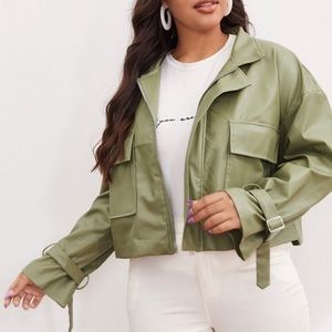 Green leather jacket.